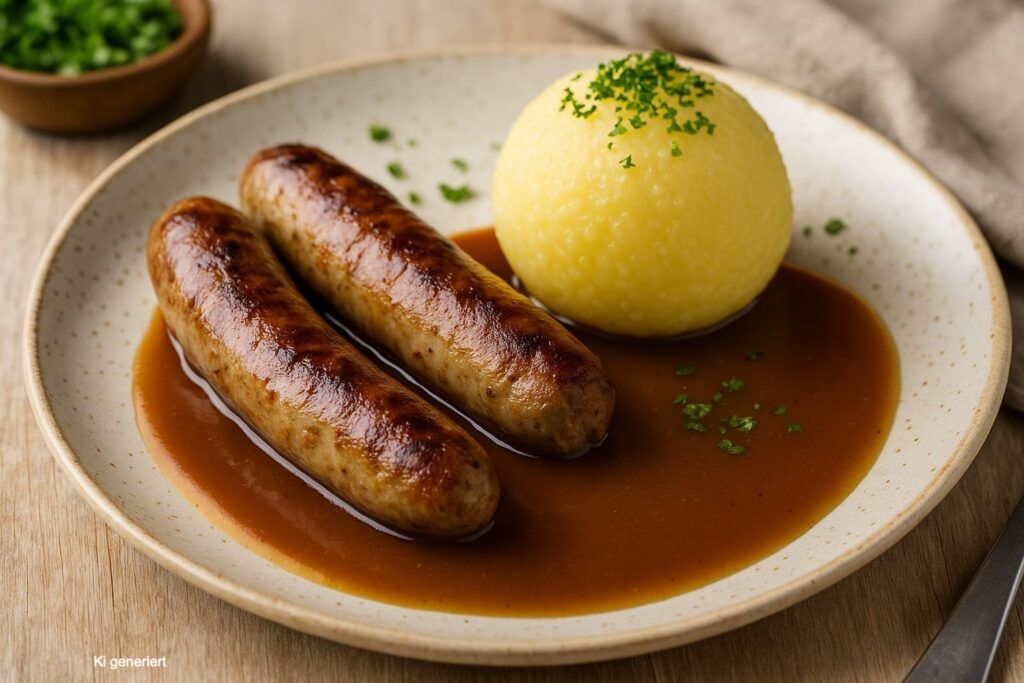 kloß mit soße und vegane bratwürste oberfränkische spezialitäten